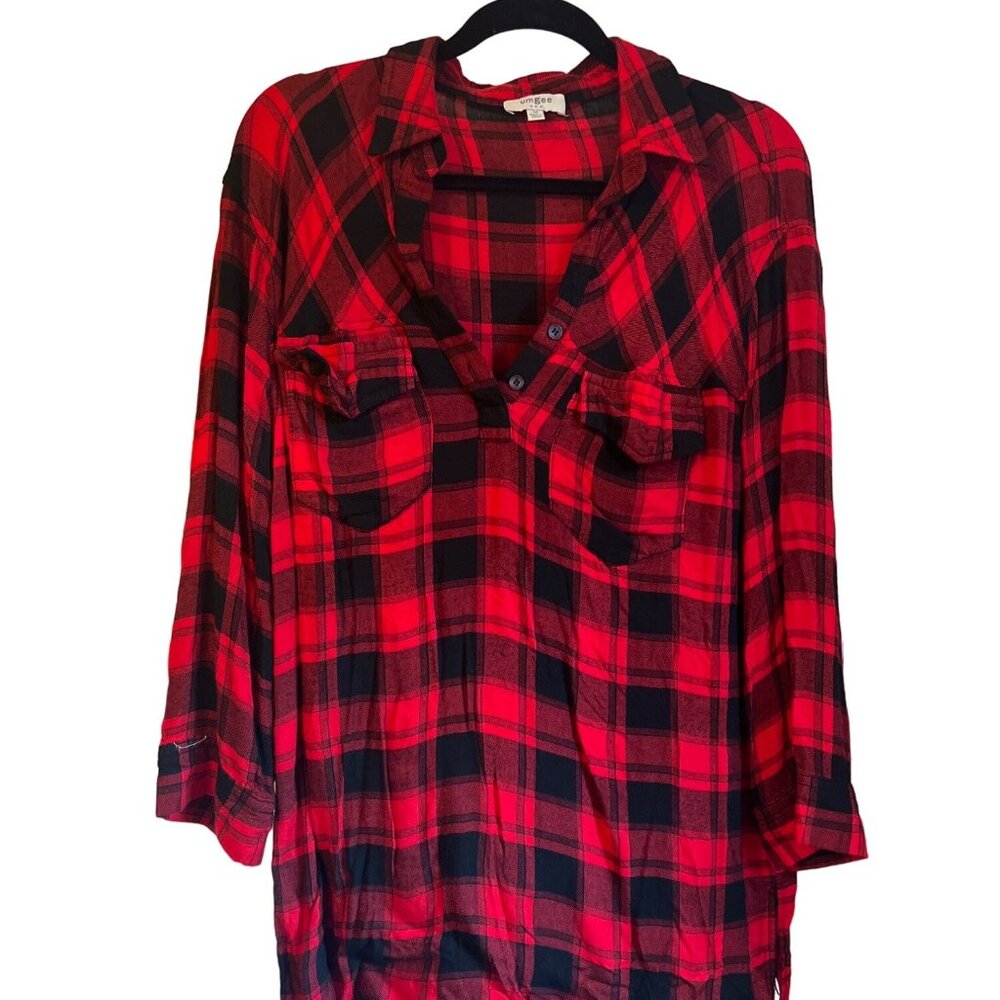 Red & Black Plaid Button-Up Tunic Blouse By Umgee M Frayed Hem 100% Rayon Made I